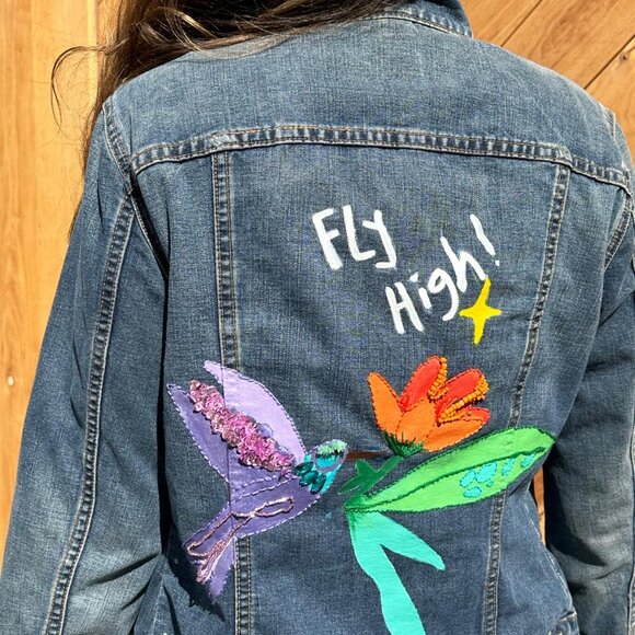 Denim Jacket painted and embellished with beads - Picture 2 of 2